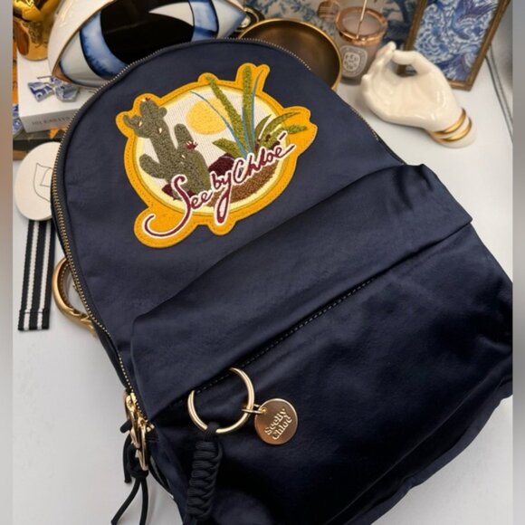 🆕 SEE BY CHLOE 🧿 NWT Cactus and Logo-Embroidered Satin Backpack in Navy - Picture 15 of 15